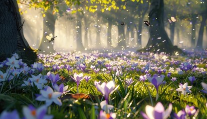Crocus flowers bloom in forest with sunrays for peaceful spring scenery backdrop
