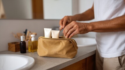 A man organizes his grooming essentials in a stylish toiletry bag at a bright bathroom counter.