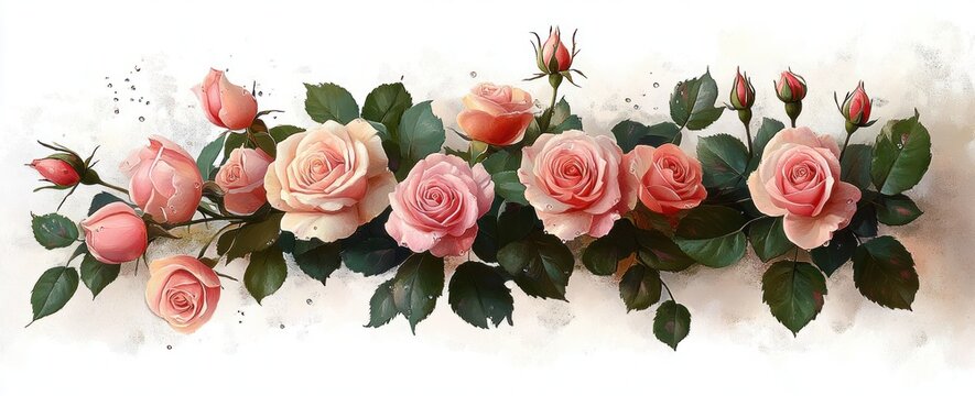 A horizontal arrangement of lush pink and peach roses with green leaves and water droplets on petals against a light neutral background evoking freshness and natural beauty - Powered by Adobe