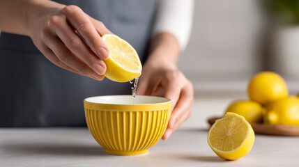 Close-up of person squeezing fresh lemon juice into yellow ceramic bowl on kitchen counter with lemons in background
