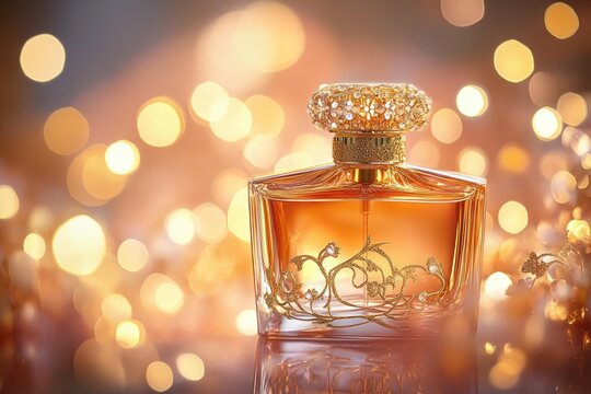 Elegant glass perfume bottle with intricate golden floral design and jeweled cap surrounded by warm glowing bokeh lights creating a luxurious and festive atmosphere - Powered by Adobe