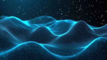 Obraz premium Glowing blue digital wave landscape made of small dots creating a smooth flowing terrain with sparkling particles in the dark background
