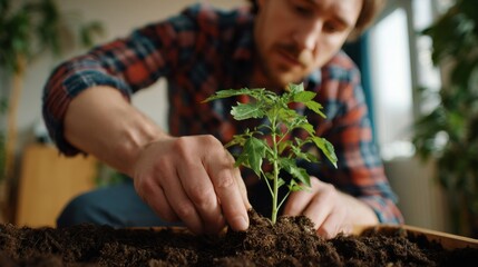 A focused man tending to a young tomato plant in rich soil, showcasing his green thumb and passion for gardening.