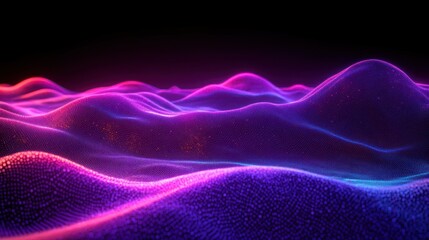 abstract digital landscape with glowing pink and purple wave-like surfaces and dotted textures on black background