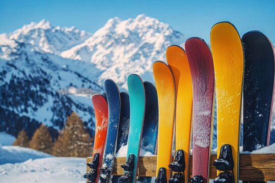 Colorful skis standing upright in the snow with snow-covered mountains and trees in the background under a clear blue sky