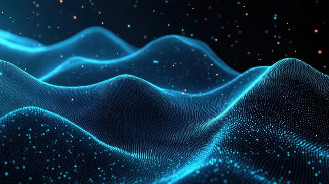 Abstract digital landscape with flowing waves of blue glowing particles and dots against dark background conveying futuristic data terrain