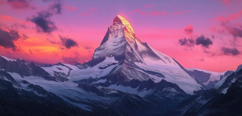 Snow-covered mountain peak illuminated by warm sunset glow with vibrant pink and purple sky and scattered dark clouds over rugged mountain landscape