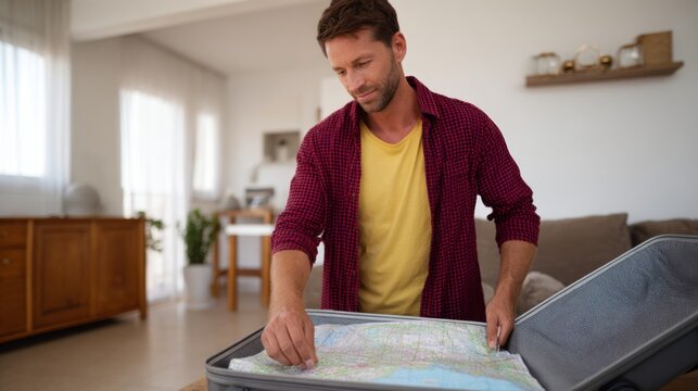 A thoughtful young Caucasian man packs his suitcase with a travel map, preparing for an exciting journey in a cozy living room.