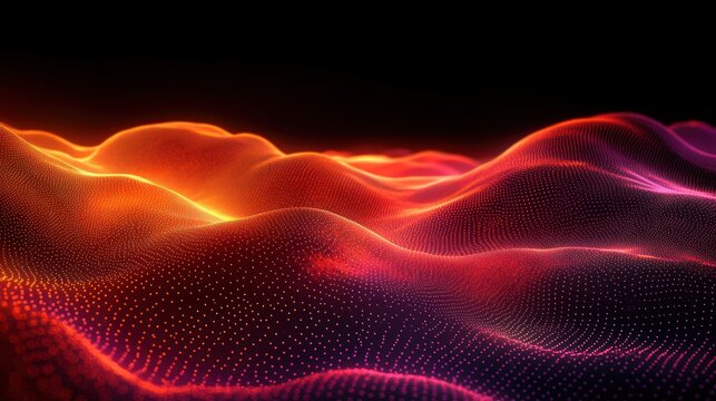 Glowing digital landscape of smooth wave-like hills made of illuminated dots in vibrant red, orange, and pink hues against a black background, evoking energy and flow
