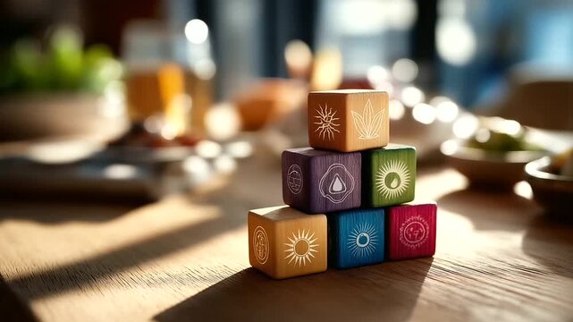 A scene with wooden blocks displaying the eight wellness dimensions hyper realistic symbols with vivid textures moody shadows on a table bright saturation in health visuals