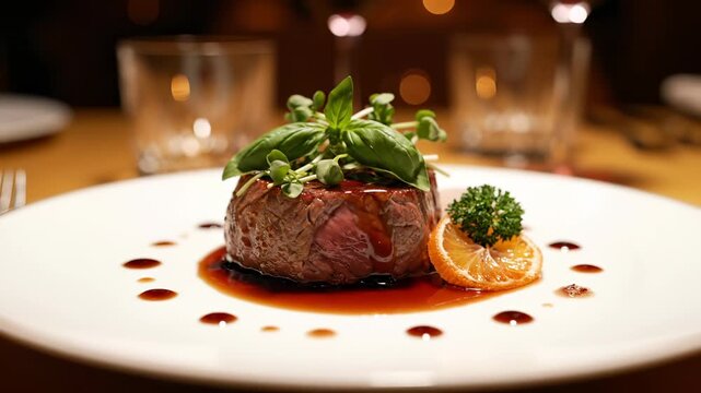 Steak with garnish on plate. Sauce droplets circle citrus slice and herb sprigs. Parsley accent complements restaurant plating detail. Gourmet dining presentation for upscale evening meal. Course.