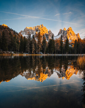 Cadini di Misurina at sunset during autumn. Dolomites. Veneto, Italy.