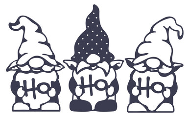 New Year laser cut template with Ho Ho Ho gnomes. Dwarfs christmas decoration, festive ornament, hanging decor or card. Suitable for paper, wood, plastic, and acrylic. Stencil. Vector cnc silhouette.