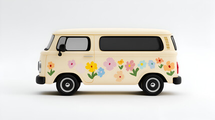 Vintage camper van with floral decals a retro vehicle for travel and summer road trips isolated on white