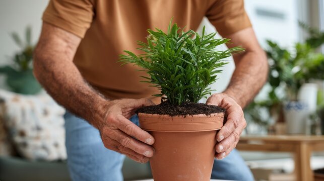 An elderly Hispanic man carefully adjusts a potted plant in his cozy indoor living space, showcasing his love for gardening.