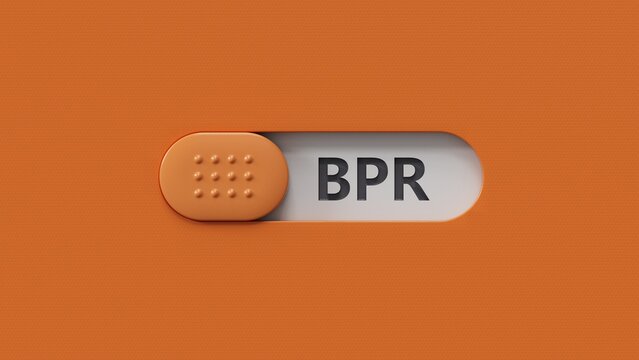 BPR - Business process reengineering - acronym on slide switch spelling. BPR , acronym on slide switch spelling.Business Concept.3D rendering.