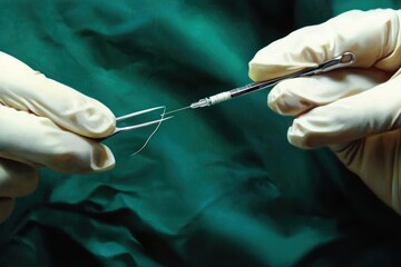 Close up of gloved hands threading a needle using a surgical thread and needle holder against a green surgical cloth background