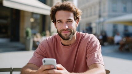 Smiling young Caucasian man with a beard enjoying a sunny day while browsing on his smartphone at an outdoor café.
