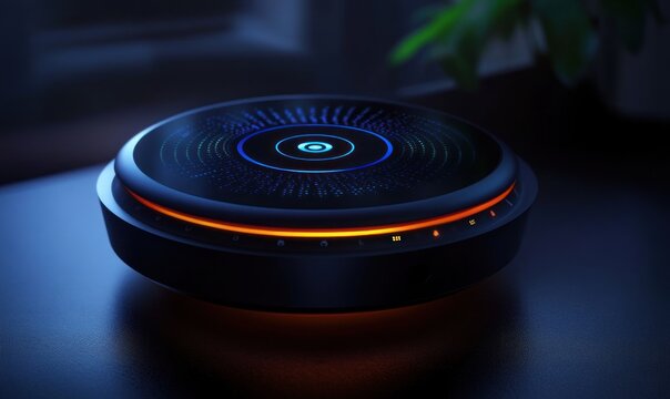 Close-up of sleek modern circular smart device with illuminated blue and orange glowing indicators on dark surface in low light environment