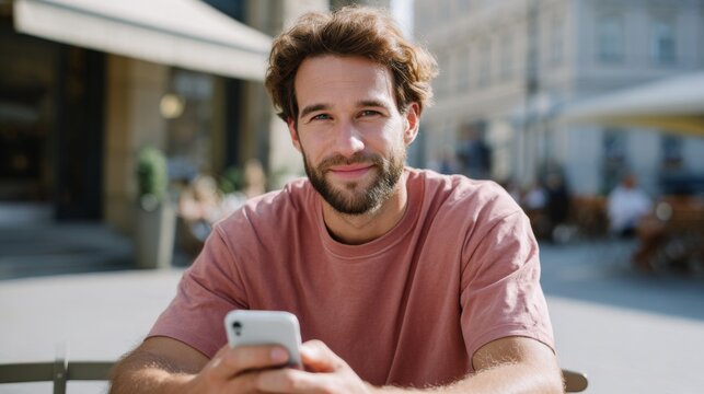 Smiling young Caucasian man with a beard enjoying a sunny day while browsing on his smartphone at an outdoor café.
