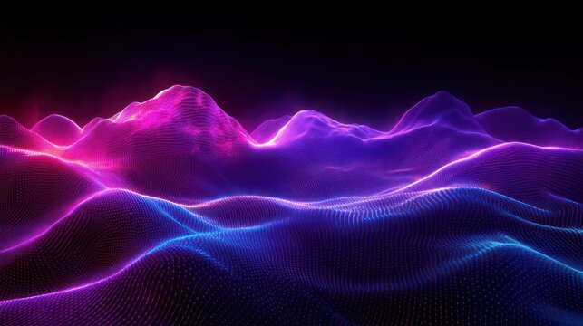 Digital abstract landscape of glowing neon waves and mountains in vibrant pink, purple, and blue tones against a dark background evoking futuristic and energetic ambiance - Powered by Adobe
