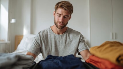 A young Caucasian man carefully folds clothes while packing a suitcase in a cozy bedroom.