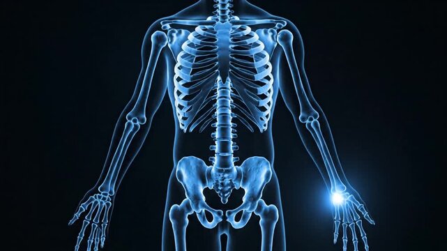 Detailed Human Skeleton Model Displaying Anatomy in Blue Digital Style with Slow Camera Movement