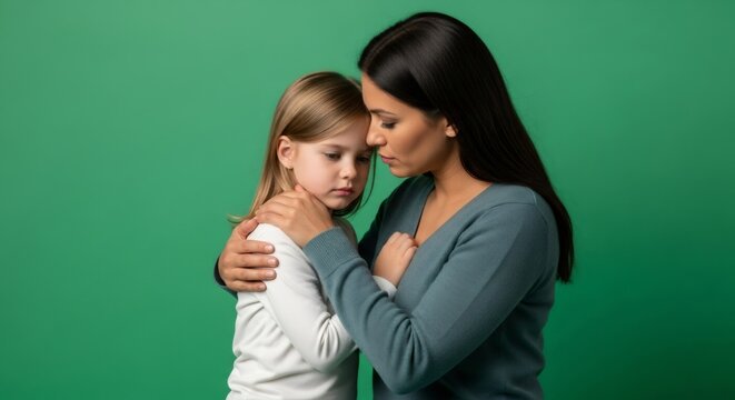 Woman comforting sad young girl on green screen. Mother consoling child with empathy. Emotional support and family connection. - Powered by Adobe