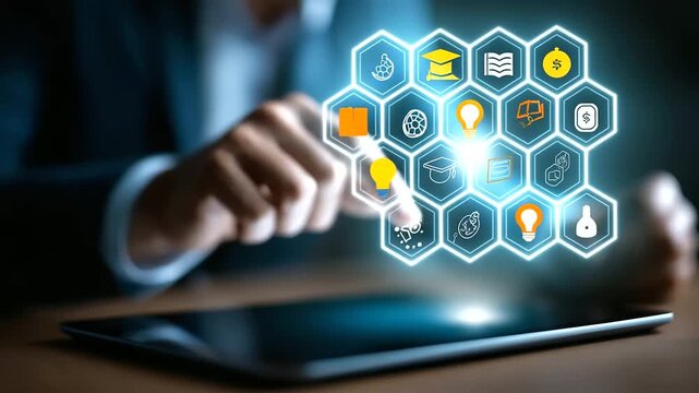 A professional engages with an AI powered e learning interface hyper realistic learning icons with vivid details moody shadows on a screen bright saturation in education visuals