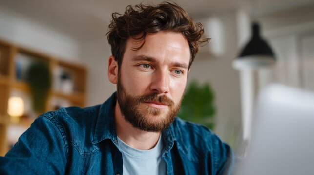 Thoughtful young Caucasian man with a beard, deeply focused while using a laptop in a cozy, modern workspace.