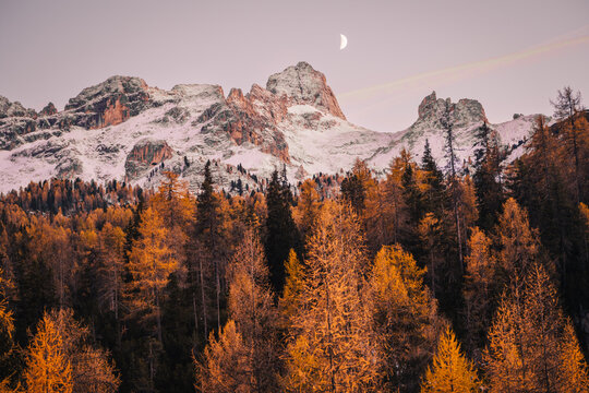 Marmarole mountains group at sunset during autumn. Dolomites, Veneto, Italy.