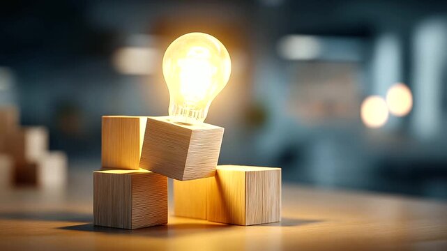 A scene with wooden blocks showing design thinking stages hyper realistic icons with vivid textures moody shadows on a table bright saturation in innovation visuals design thin