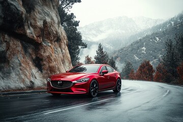 red sedan car parked on wet winding mountain road with tall pine trees and rocky cliffs in misty weather
