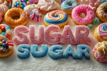 Colorful assorted donuts and sweets surrounding two sugar spelled words covered in granulated sugar on a white sugar surface, bright and cheerful arrangement