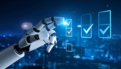 Robotic arm selecting boxes with check marks against blurred cityscape background