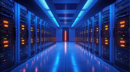 Fototapeta premium Futuristic data center corridor with rows of illuminated server racks and vibrant blue and orange lighting reflecting on the polished floor evoking high-tech atmosphere