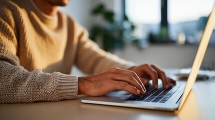 A focused young man of Middle Eastern descent typing on a laptop, illuminated by soft natural light in a cozy workspace.