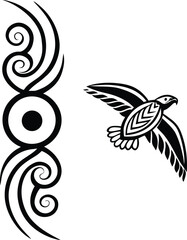 Black and white vector set of two tribal tattoo elements, featuring a stylized flying eagle or hawk and a decorative spiral pattern border.
