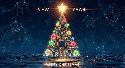 digital Christmas tree, tech holiday design, circuit board tree, glowing blue lines, futuristic festive art, Merry Christmas graphic, Happy New Year greeting, electronic holiday theme, cyber tree illu