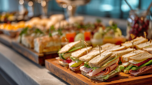 Assorted sandwiches and appetizers displayed on a buffet table for catering