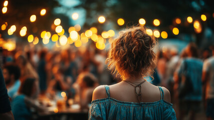 Obraz premium Curly-haired woman looks at a crowd of people under the warm light of evening string lights. 