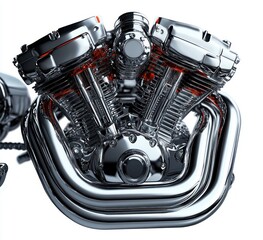 Fototapeta premium Close-up view of a shiny, chrome-plated motorcycle engine with polished metal surfaces and intricate mechanical details