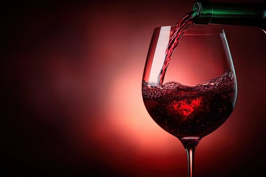 Close-up of red wine being poured from a green bottle into a clear wine glass with a rich red background creating a warm and elegant atmosphere