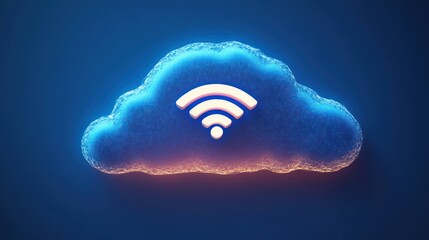 Glowing blue cloud shape with a three-arc wifi signal icon in the center on dark blue background, symbolizing wireless cloud connectivity and digital technology