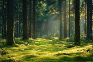 Obraz premium Sunlit dense forest with tall moss-covered trees and a green soft mossy ground creating a peaceful and serene atmosphere