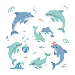 Naklejka premium Happy cartoon dolphins playing in ocean water