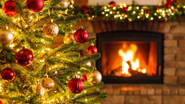 Cozy Christmas: Decorated evergreen tree with red and gold ornaments, string lights near a warm fireplace, creating a festive holiday atmosphere.