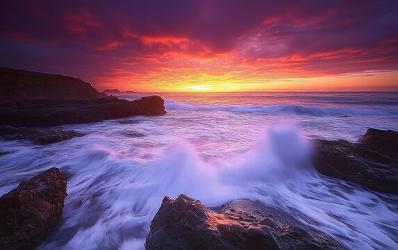 Vibrant sunset over rocky coastline with crashing waves and dramatic purple and orange sky - Powered by Adobe