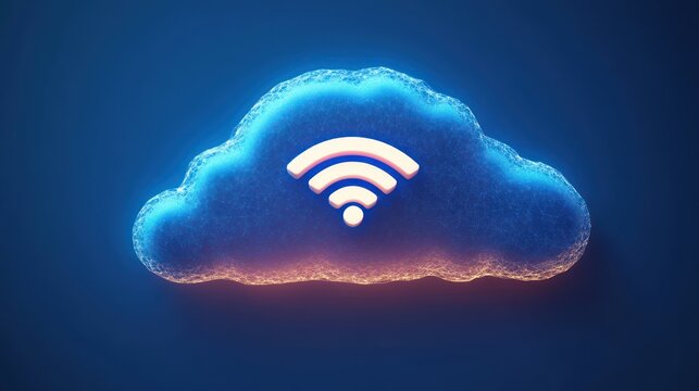 Glowing blue cloud shape with a three-arc wifi signal icon in the center on dark blue background, symbolizing wireless cloud connectivity and digital technology - Powered by Adobe