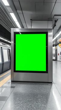 Subway platform with green screen kiosk for advertising insertion and train doors in the background providing public transportation.